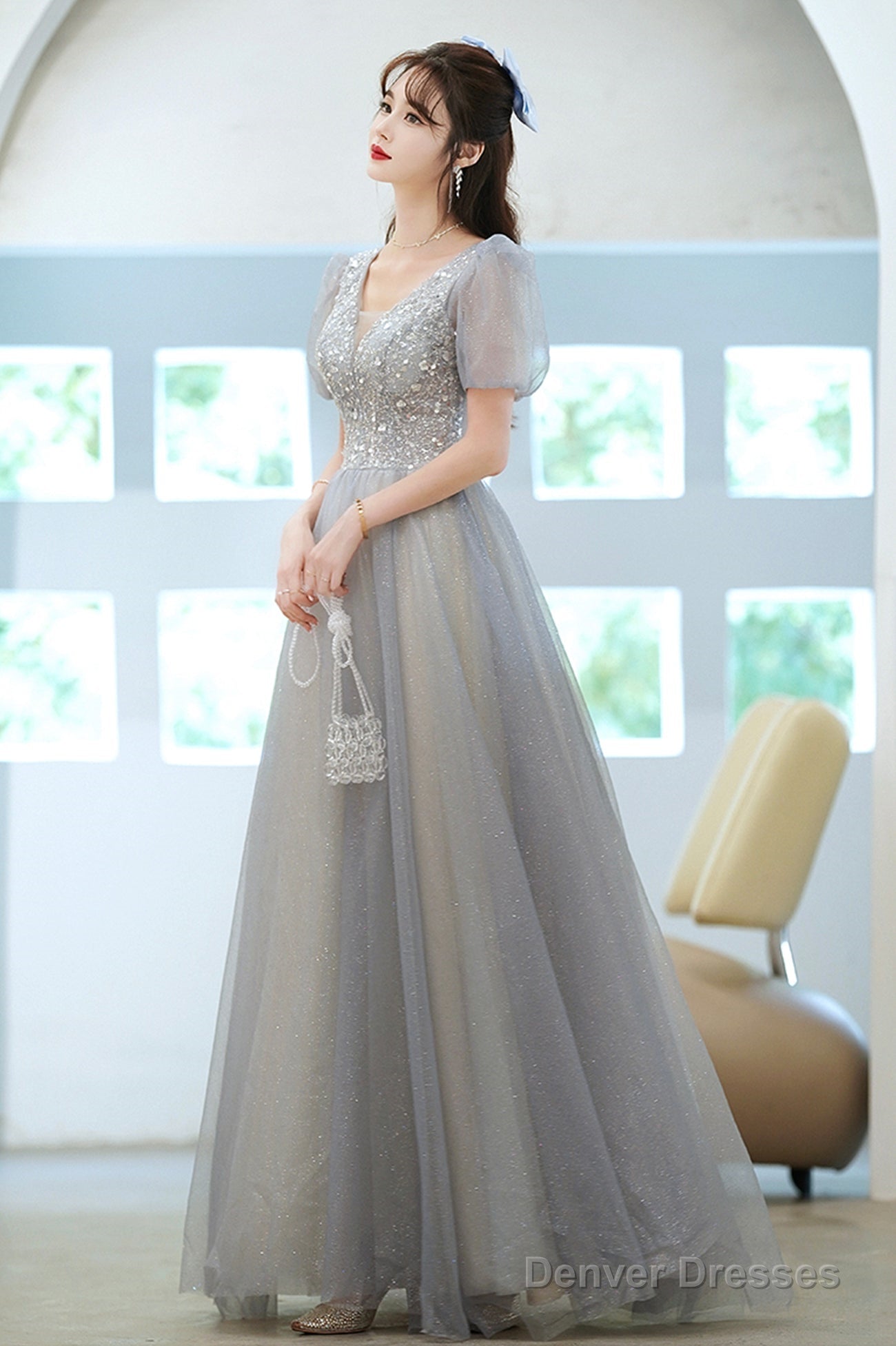 Cute Tulle Floor Length Prom Dress With Beaded, A-Line V-Neck Evening Dress