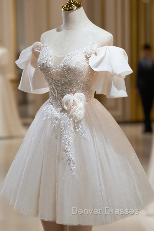 Cute Tulle Lace Homecoming Dress, Off Shoulder Short Prom Dress