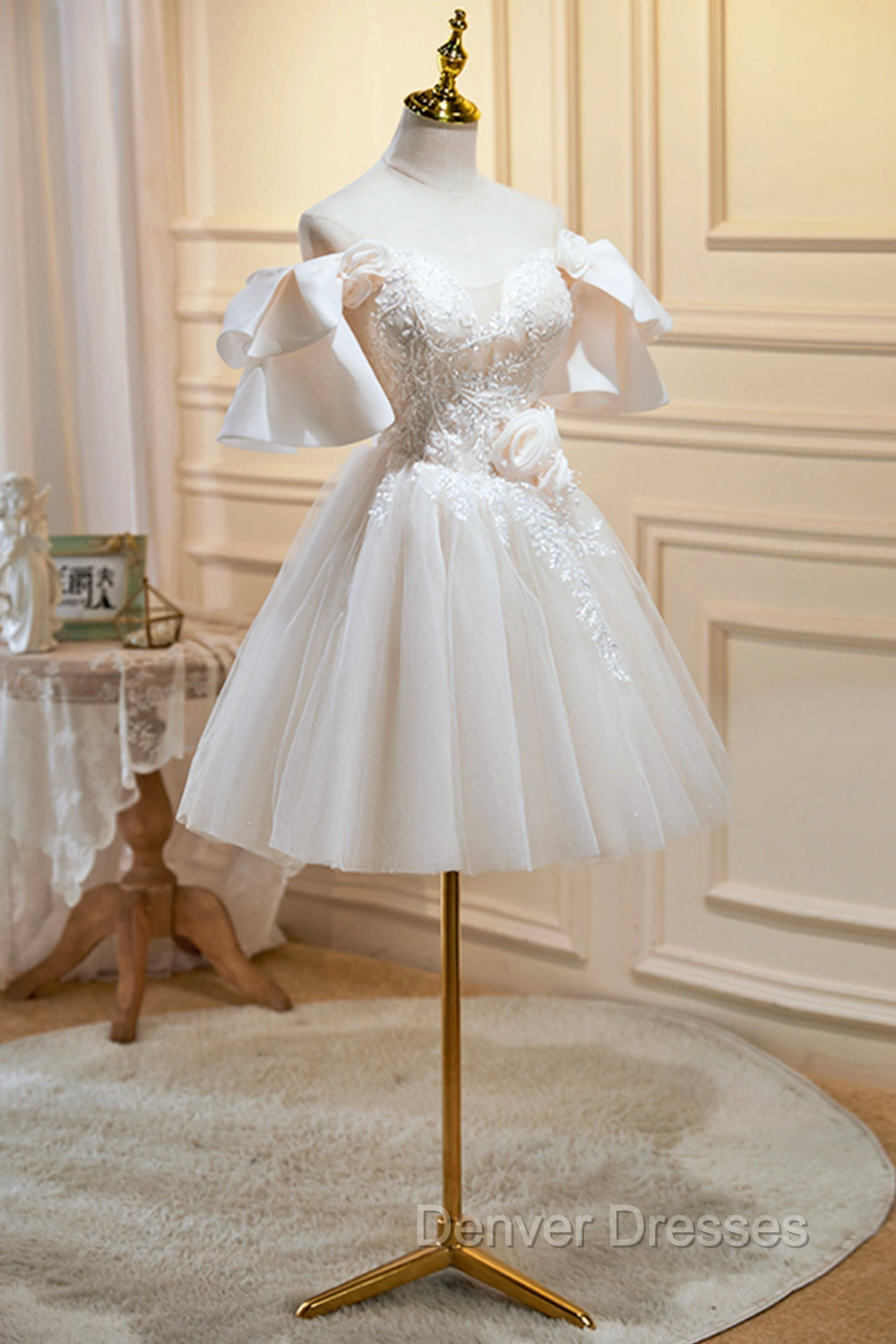 Cute Tulle Lace Homecoming Dress, Off Shoulder Short Prom Dress