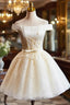 Cute Tulle Lace Knee Length Prom Dress, Champagne Off the Shoulder Evening Party Dress