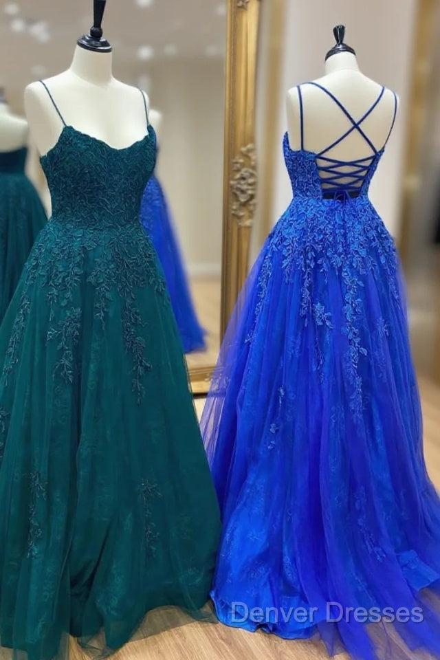 Cute Tulle Lace Long Prom Dress, A-Line Backless Evening Party Dress Main image