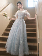 Cute Tulle Lace Long Prom Dress, Light Blue Tulle Off Shoulder Evening Dress