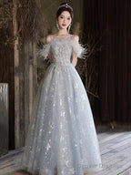 Cute Tulle Lace Long Prom Dress, Light Blue Tulle Off Shoulder Evening Dress