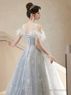 Cute Tulle Lace Long Prom Dress, Light Blue Tulle Off Shoulder Evening Dress