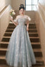 Cute Tulle Lace Long Prom Dress, Light Blue Tulle Off Shoulder Evening Dress