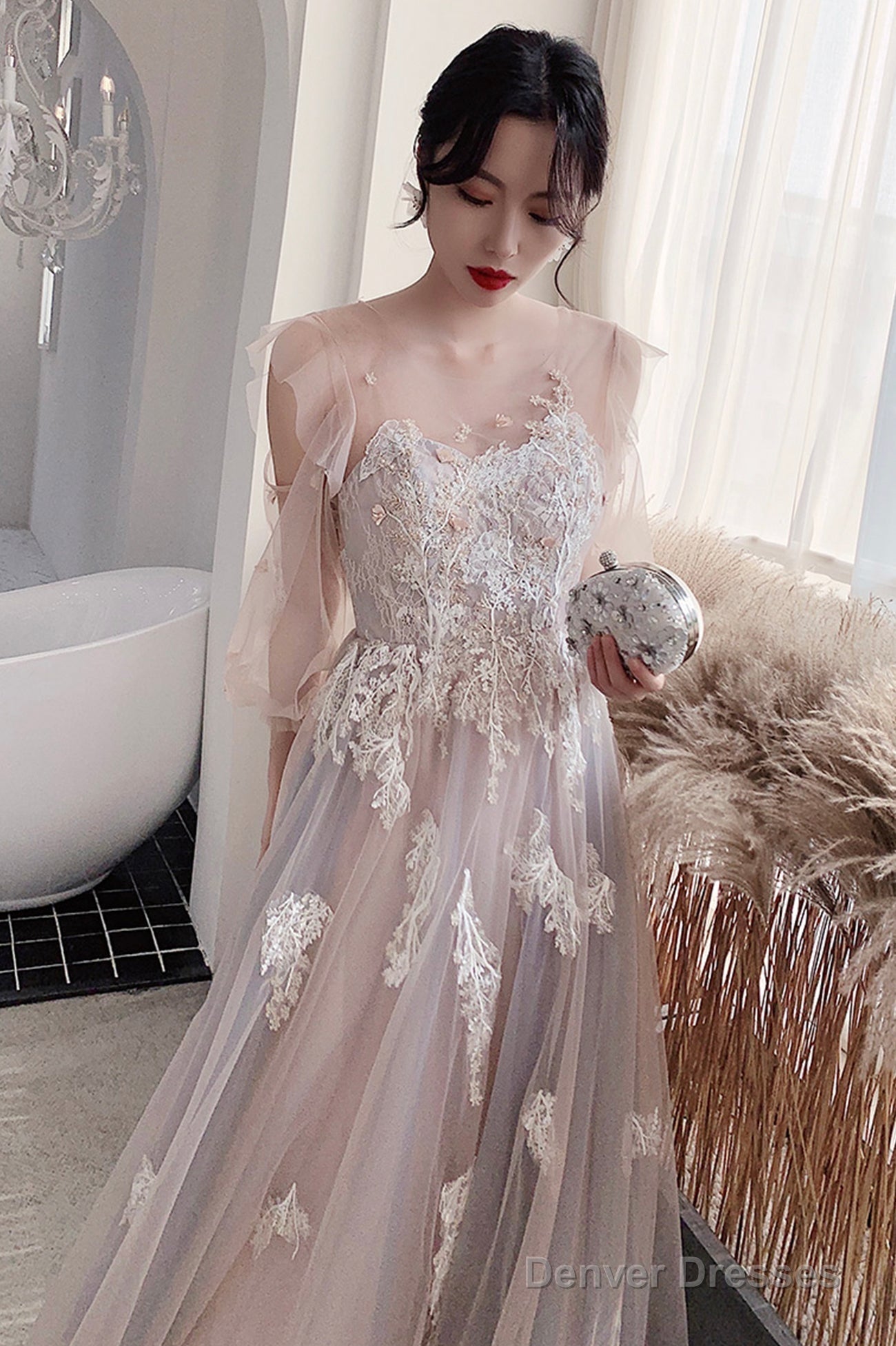 Cute Tulle Lace Long Prom Dresses, A-Line Evening Dresses