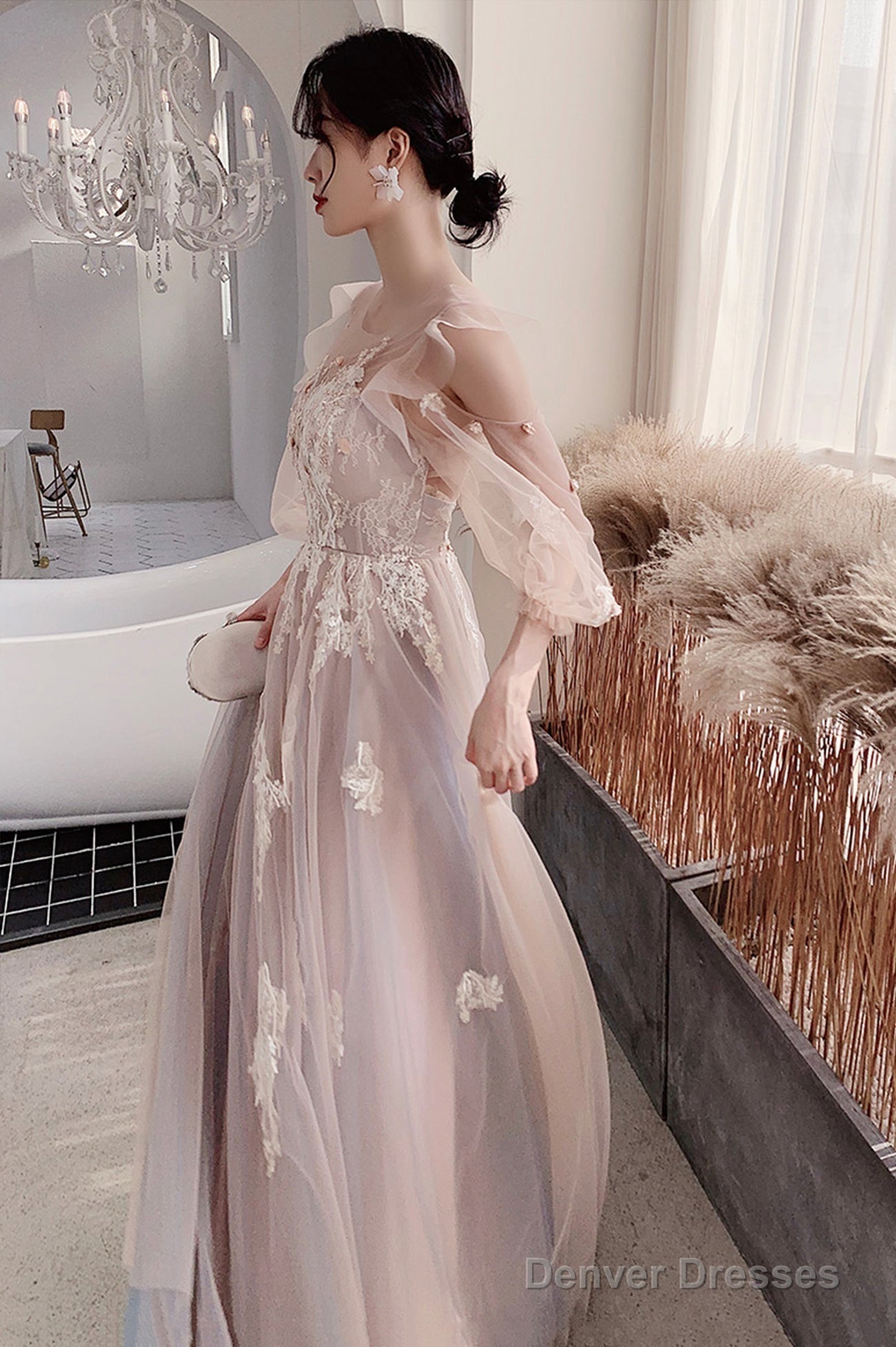 Cute Tulle Lace Long Prom Dresses, A-Line Evening Dresses