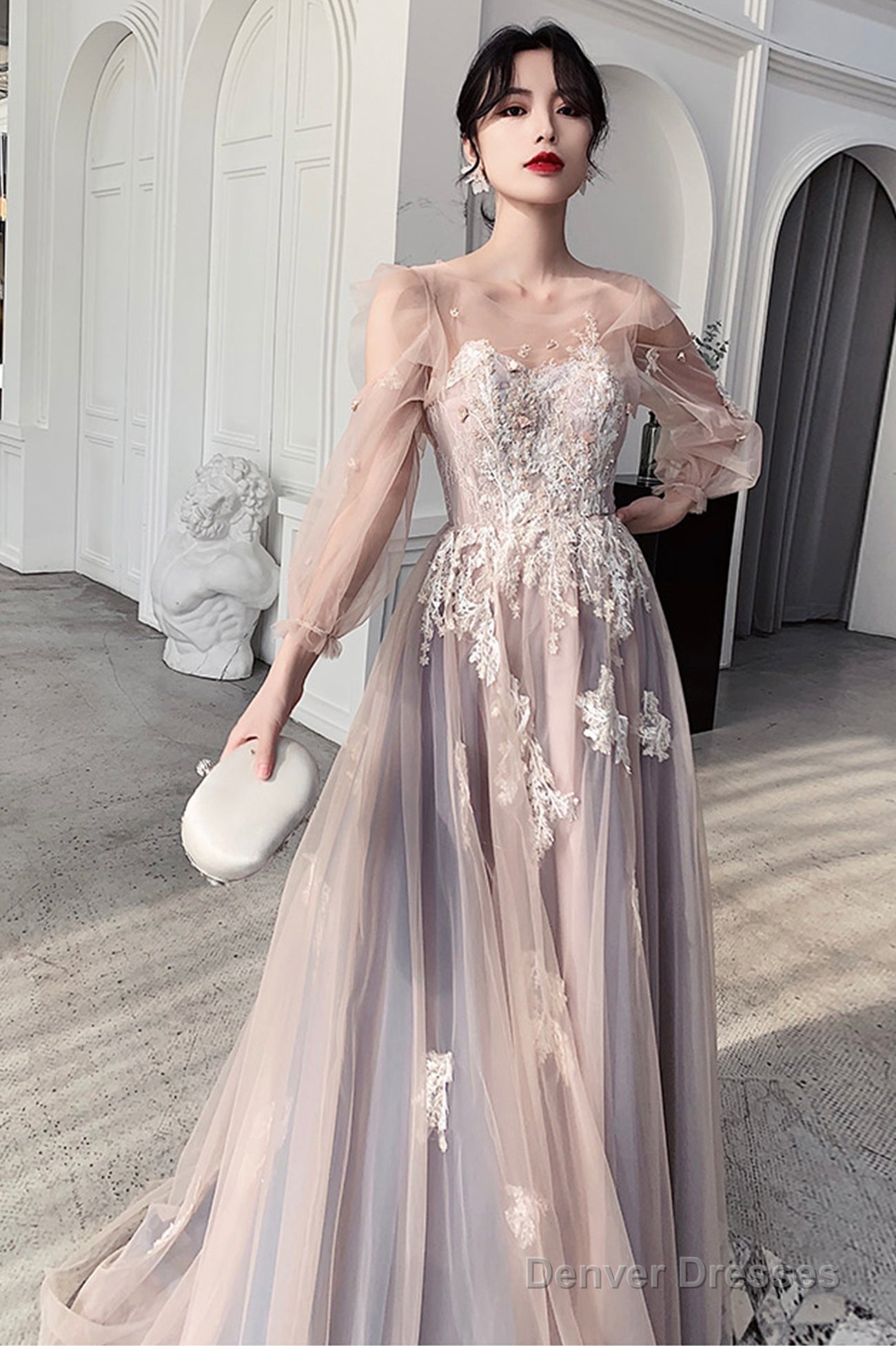 Cute Tulle Lace Long Prom Dresses, A-Line Evening Dresses Main image