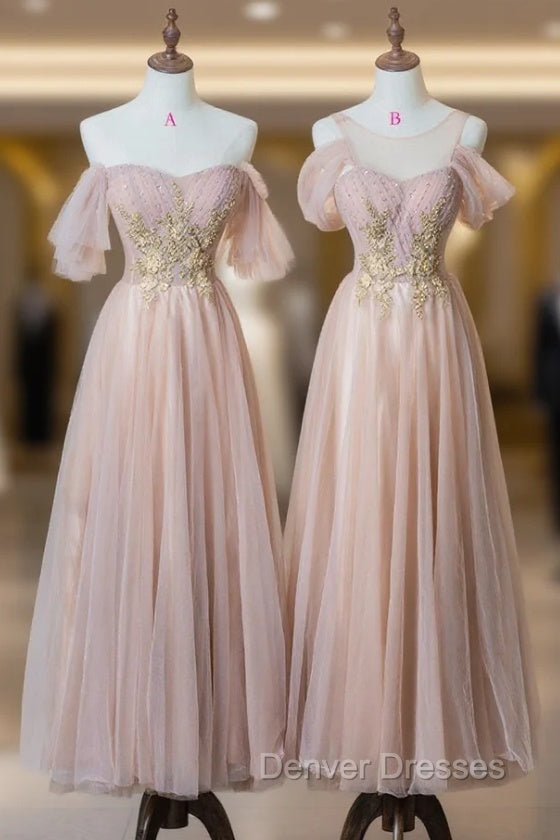 Cute Tulle Lace Tea Length Prom Dress, Pink A-Line Evening Party Dress Secondary image