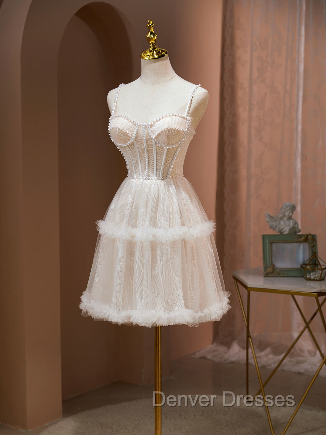 Cute Tulle Light Champagne Short Prom Dress, Lace Homecoming Dress Secondary image