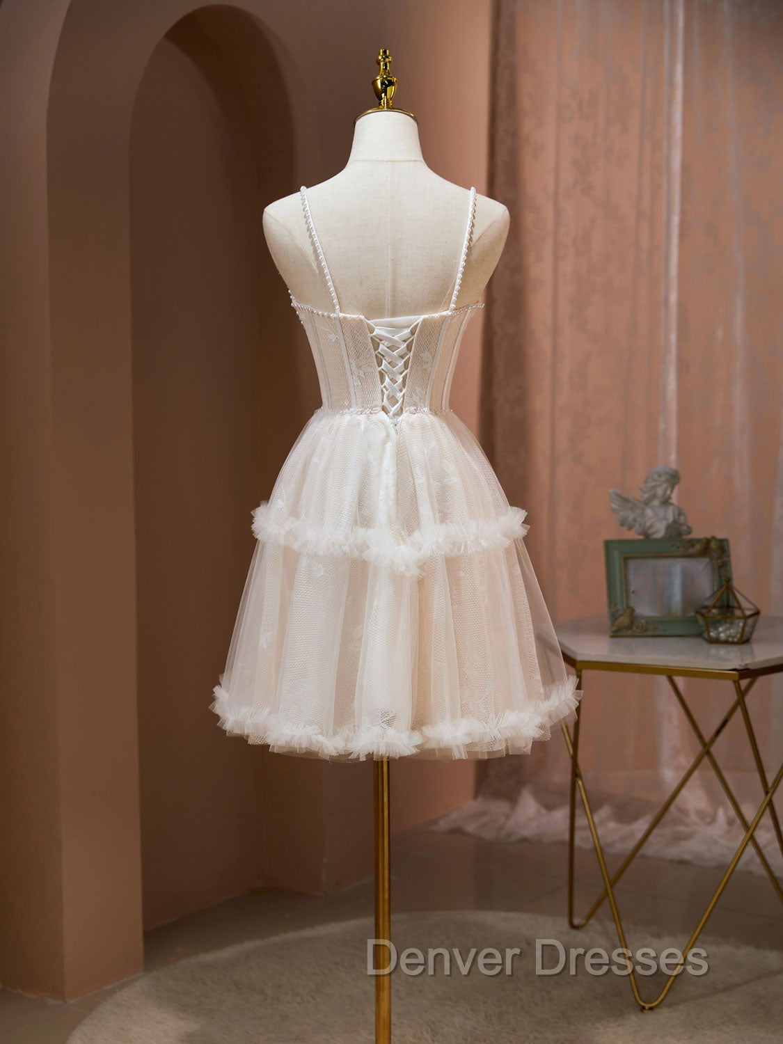 Cute Tulle Light Champagne Short Prom Dress, Lace Homecoming Dress