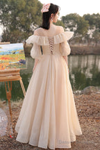 Cute Tulle Long A-Line Prom Dresses, Champagne Lace-Up Party Dresses