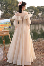 Cute Tulle Long A-Line Prom Dresses, Champagne Lace-Up Party Dresses