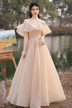 Cute Tulle Long A-Line Prom Dresses, Champagne Lace-Up Party Dresses