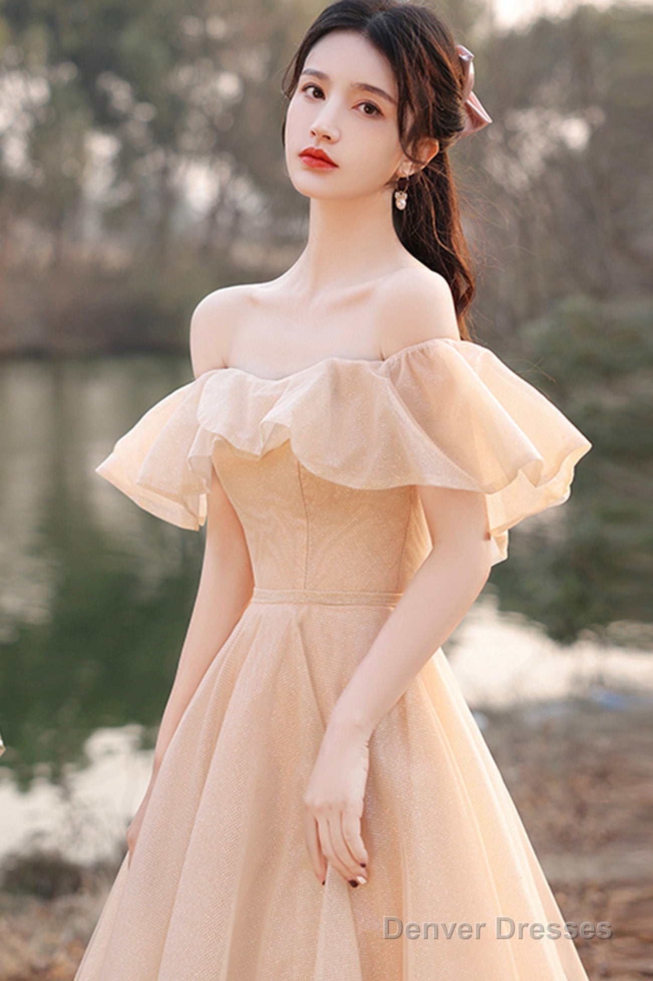 Cute Tulle Long A-Line Prom Dresses, Champagne Lace-Up Party Dresses