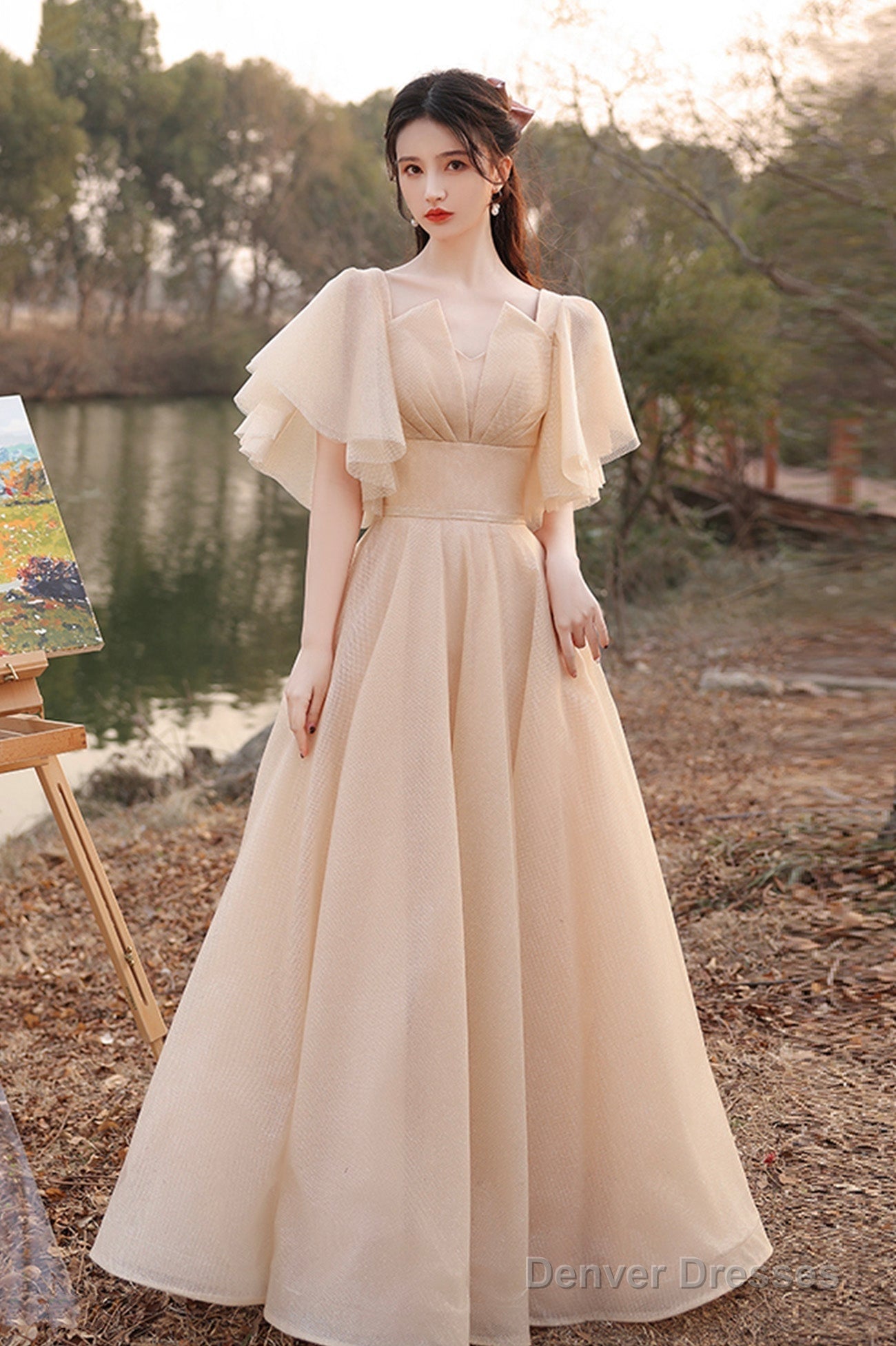 Cute Tulle Long A-Line Prom Dresses, Champagne Lace-Up Party Dresses