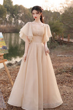 Cute Tulle Long A-Line Prom Dresses, Champagne Lace-Up Party Dresses