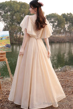 Cute Tulle Long A-Line Prom Dresses, Champagne Lace-Up Party Dresses