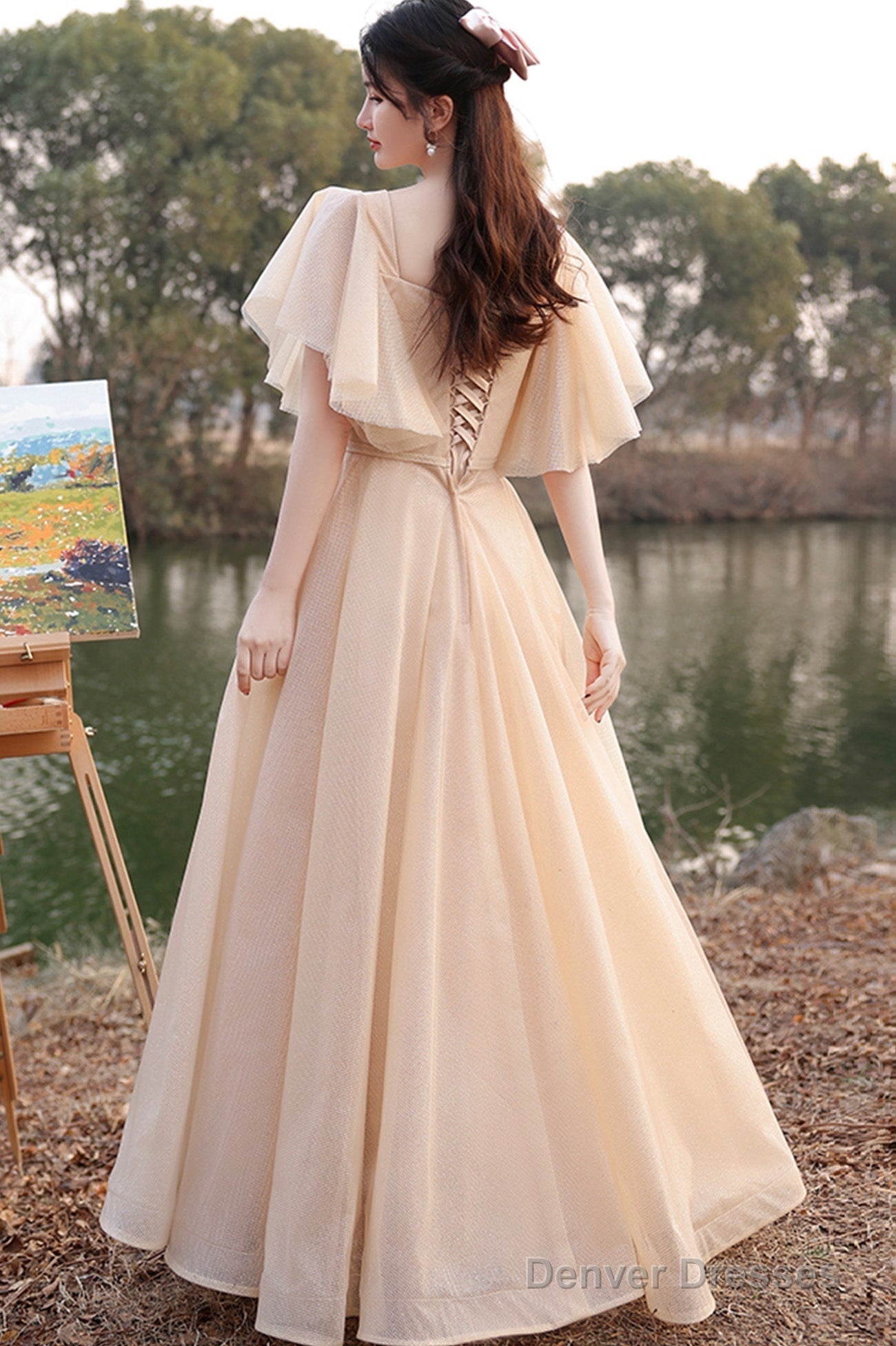Cute Tulle Long A-Line Prom Dresses, Champagne Lace-Up Party Dresses