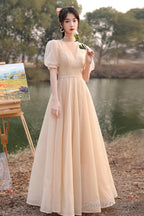Cute Tulle Long A-Line Prom Dresses, Champagne Lace-Up Party Dresses