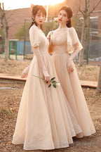 Cute Tulle Long A-Line Prom Dresses, Champagne Lace-Up Party Dresses