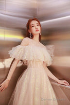 Cute Tulle Long Prom Dress, Shiny A-Line Evening Graduation Dress