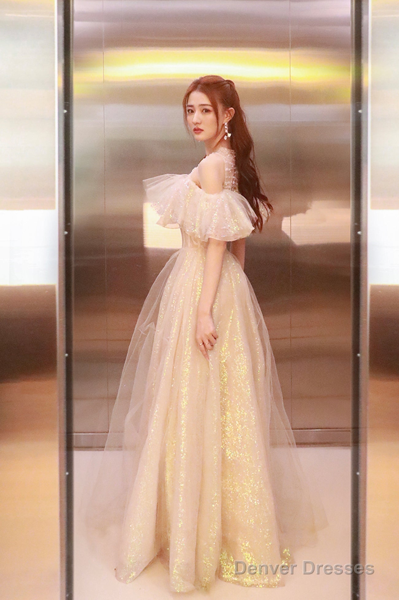 Cute Tulle Long Prom Dress, Shiny A-Line Evening Graduation Dress