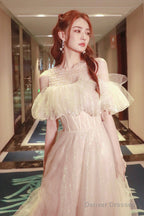 Cute Tulle Long Prom Dress, Shiny A-Line Evening Graduation Dress