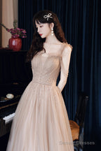 Cute Tulle Long Prom Dress With Beaded,  A-Line Off The Shoulder Evening Dress