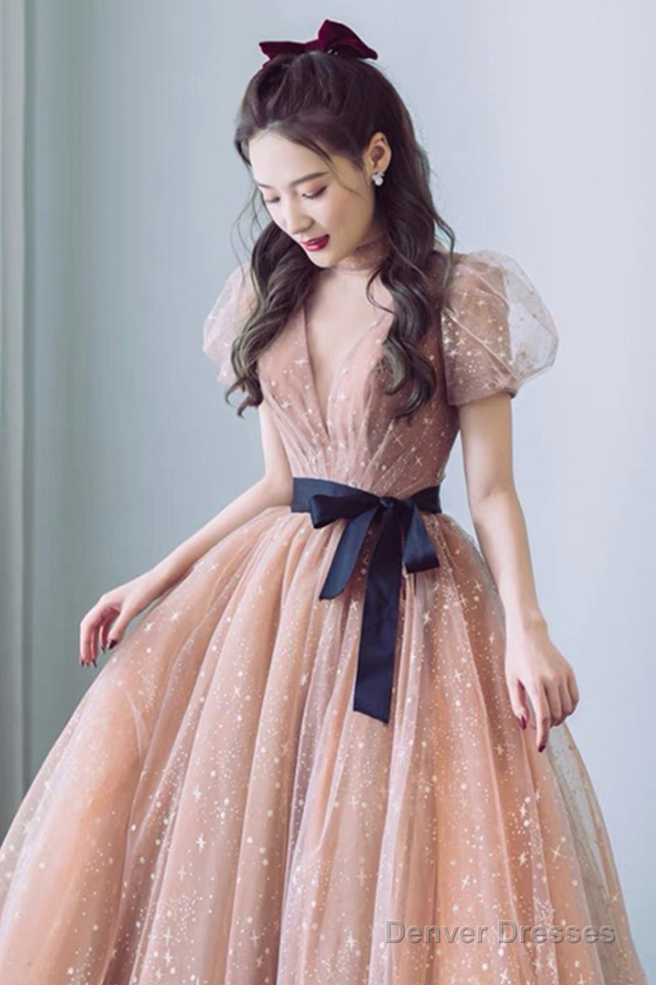 Cute Tulle Long Prom Dress With Bow, A-Line Evening Graduation Dress Secondary image
