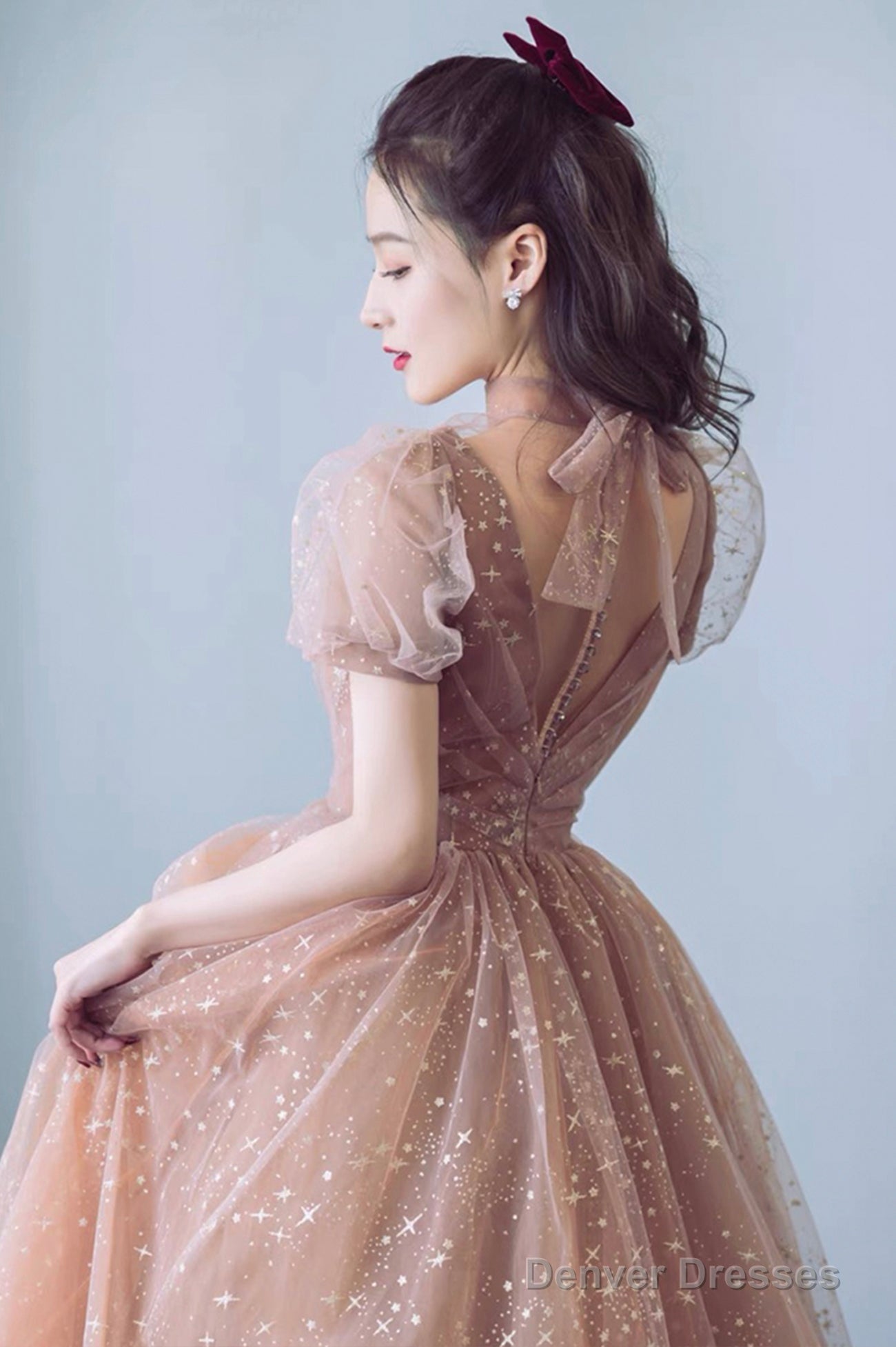 Cute Tulle Long Prom Dress With Bow, A-Line Evening Graduation Dress