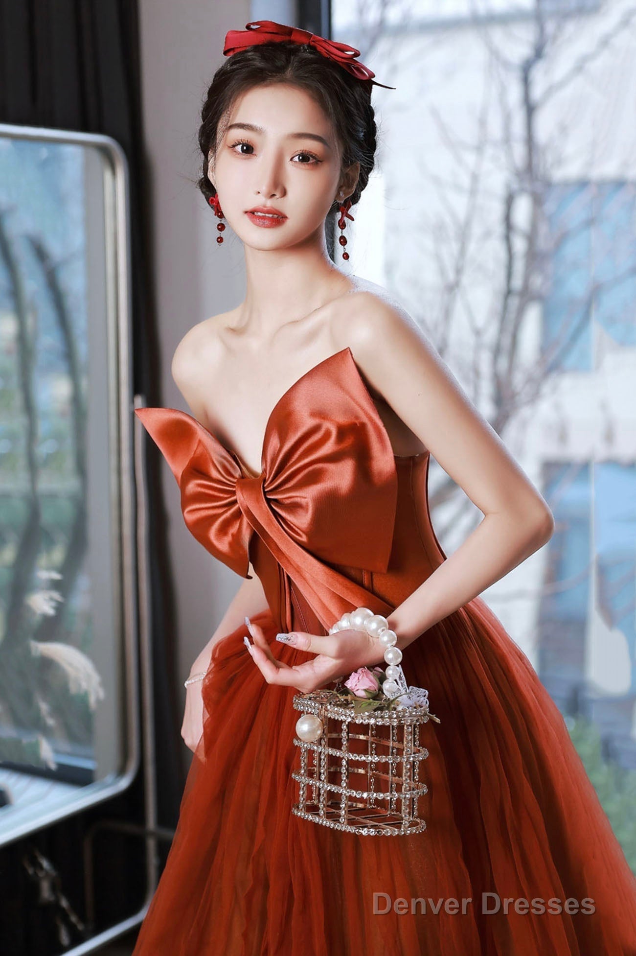 Cute Tulle Long Prom Dress With Bow, Strapless A-Line Evening Party Dress Secondary image