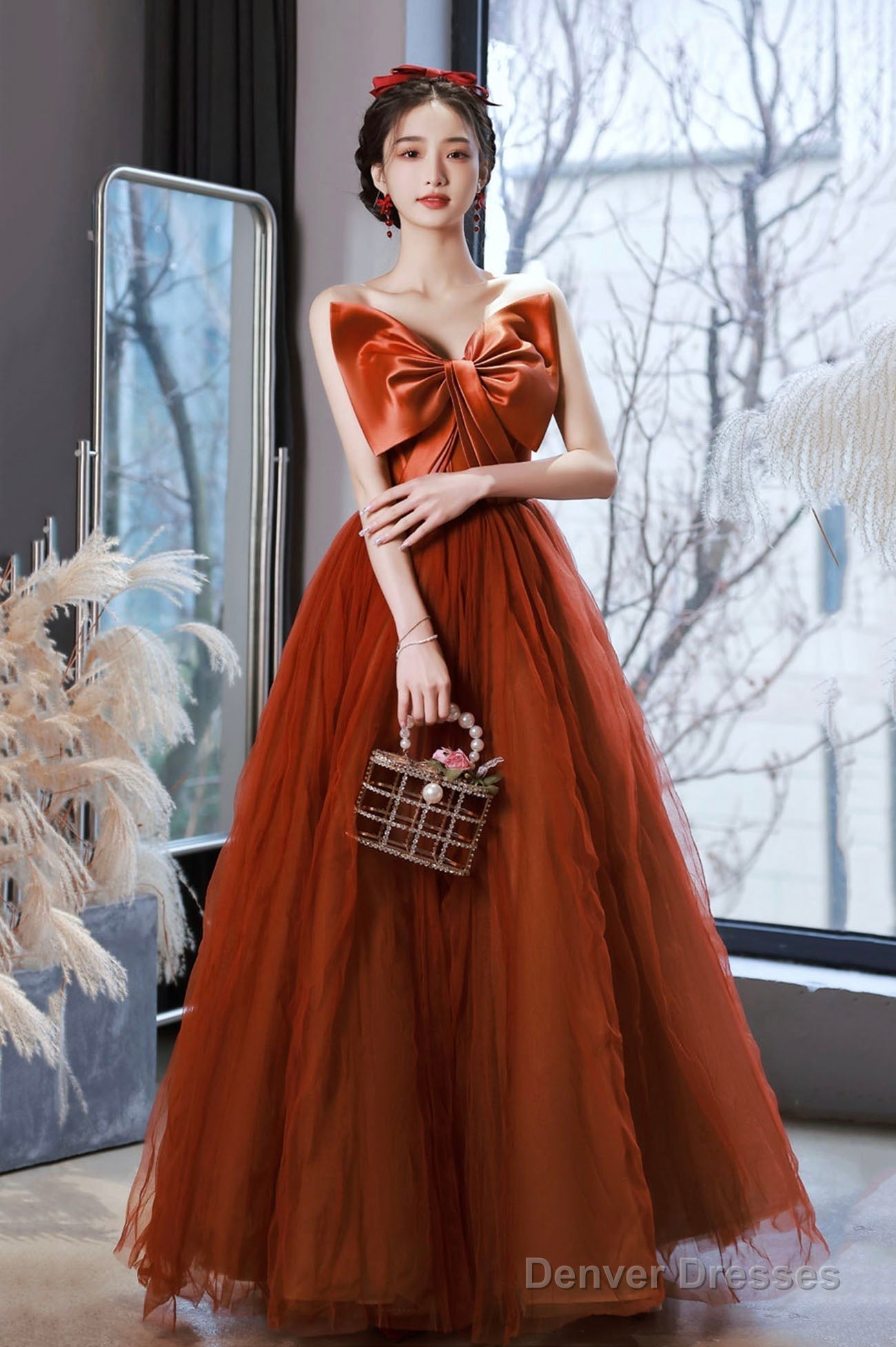 Cute Tulle Long Prom Dress With Bow, Strapless A-Line Evening Party Dress Main image