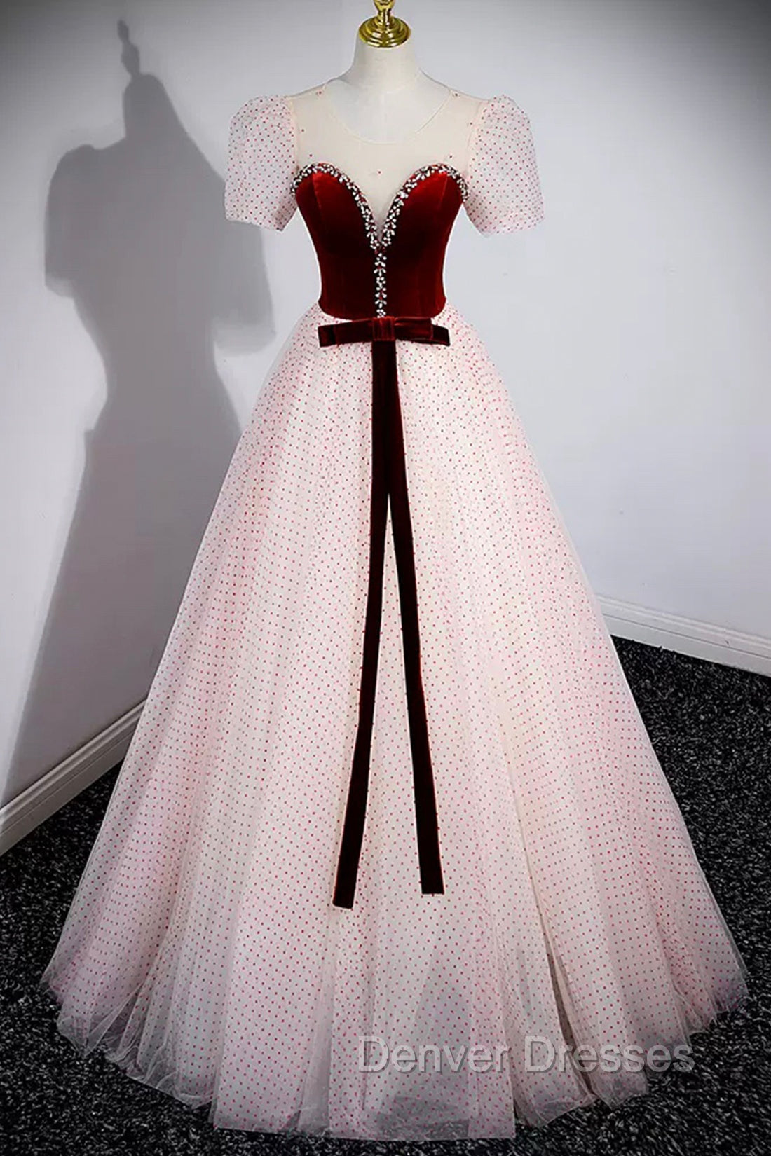 Cute Tulle Long Prom Dress with Velvet, A-Line Short Sleeve Evening Dress Main image