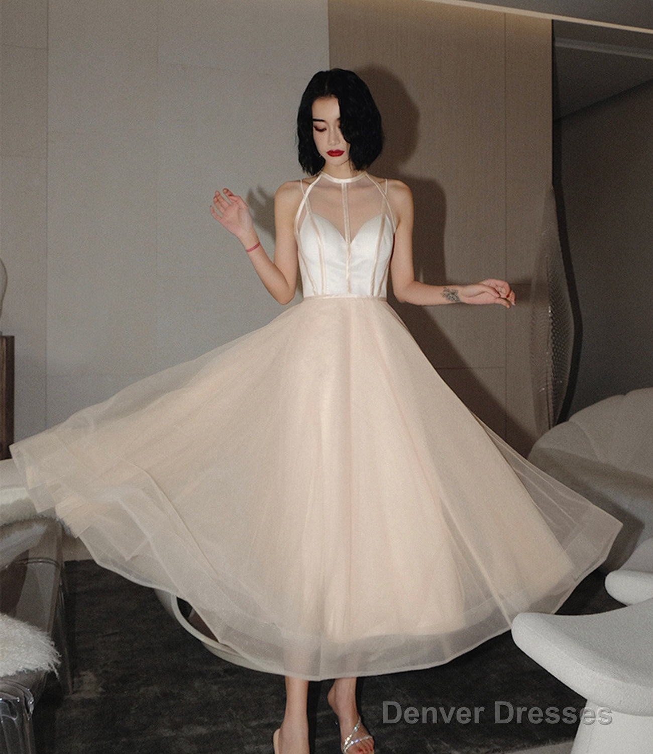 Cute Tulle See Through Short Prom Dress Champagne Evening Dress Main image