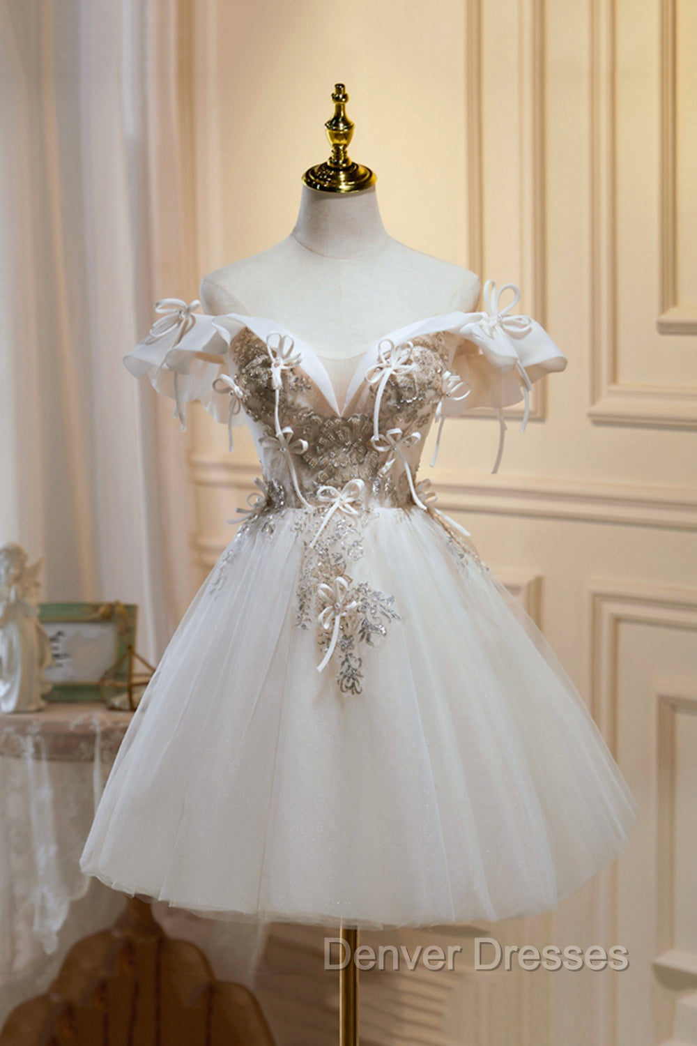 Cute Tulle Sequins Short Prom Dress, Light Champagne Off Shoulder Party Dress Main image