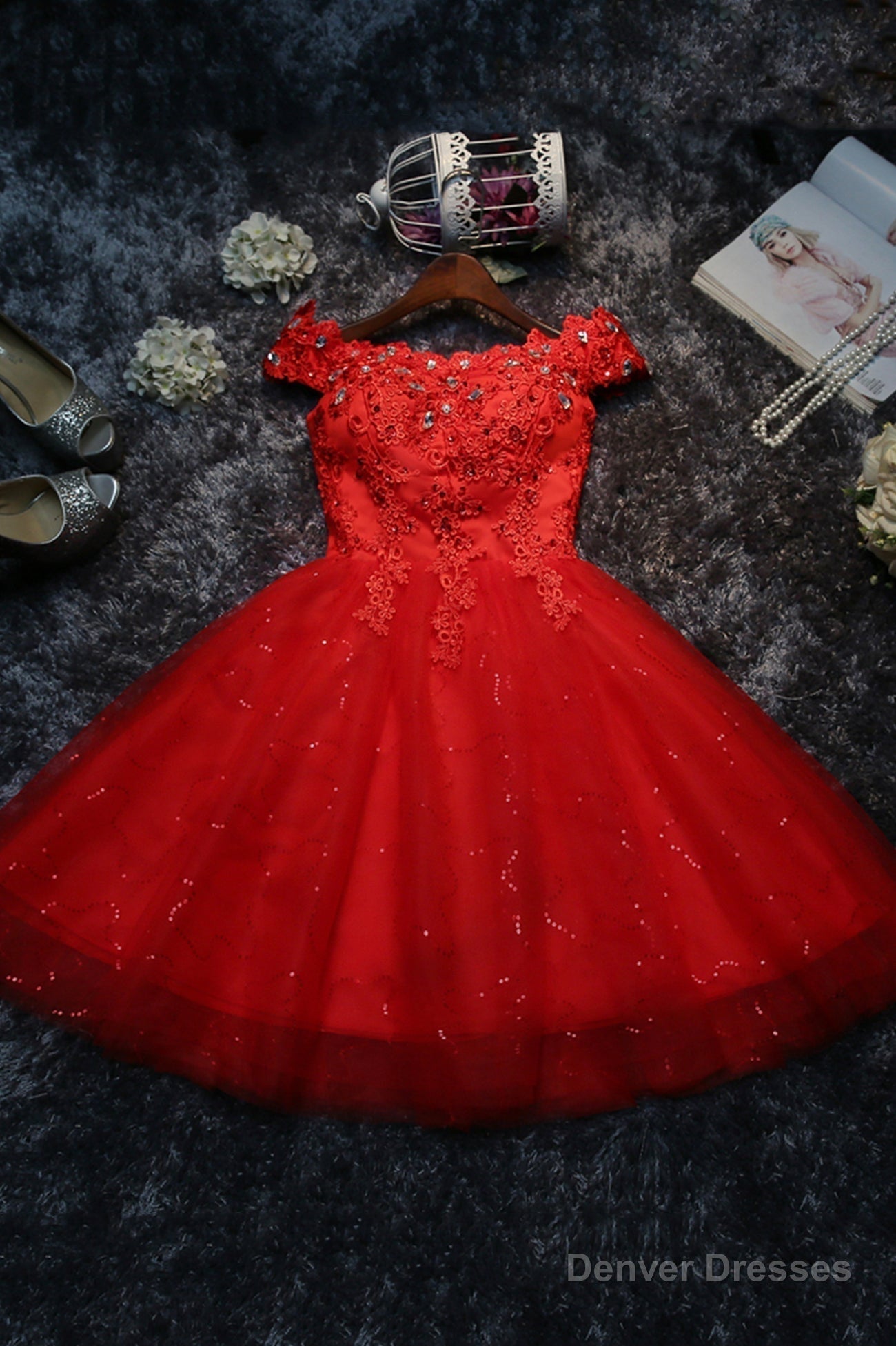 Cute Tulle Short A-Line Prom Dress, Off the Shoulder Homecoming Party Dress Main image