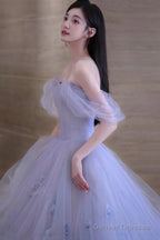 Cute Tulle Short A-Line Prom Dress, Purple Off The Shoulder Evening Dress