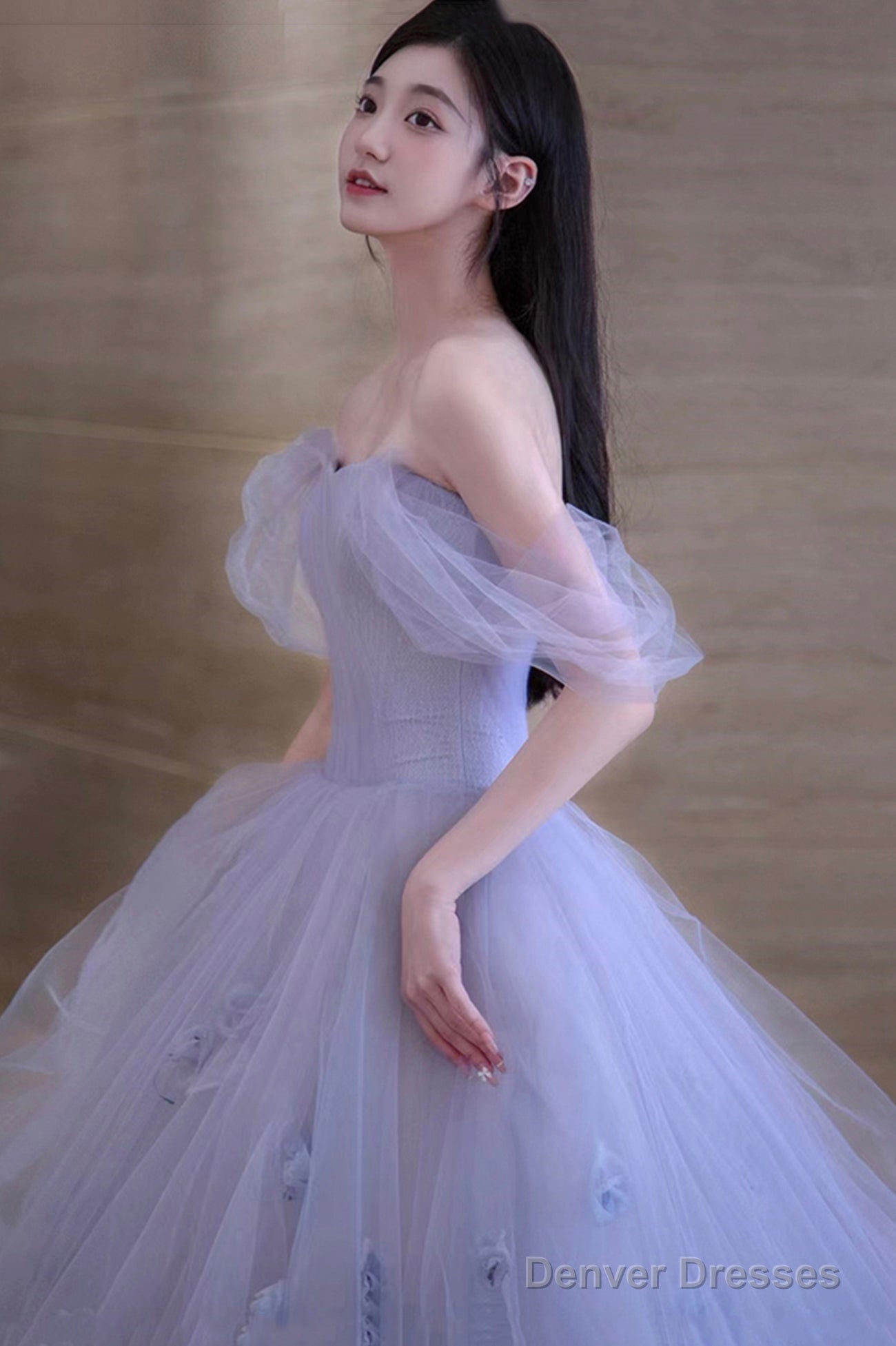 Cute Tulle Short A-Line Prom Dress, Purple Off The Shoulder Evening Dress