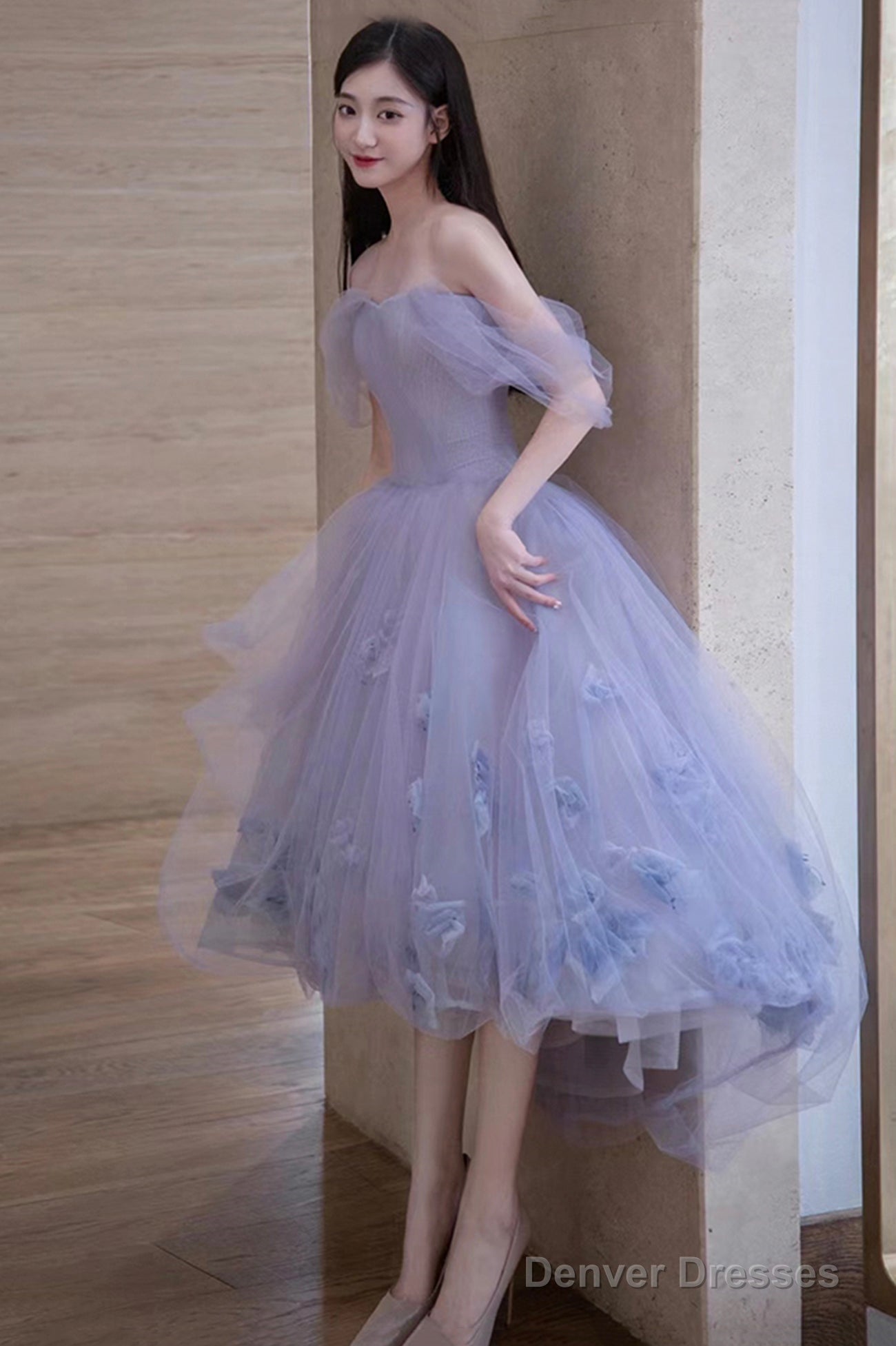 Cute Tulle Short A-Line Prom Dress, Purple Off The Shoulder Evening Dress Main image
