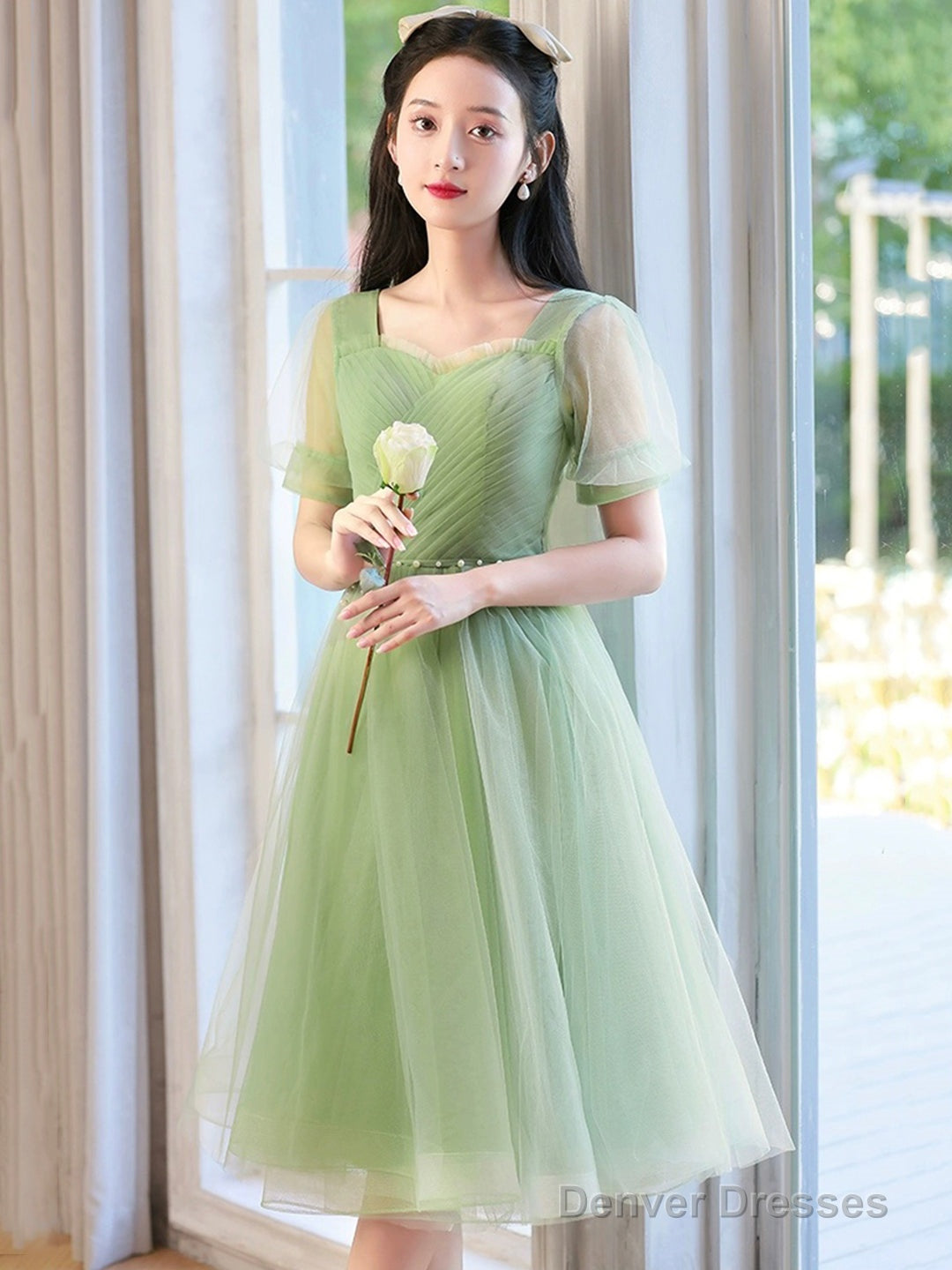 Cute Tulle Short Knee Length Prom Dress, Green A-Line Evening Party Dress