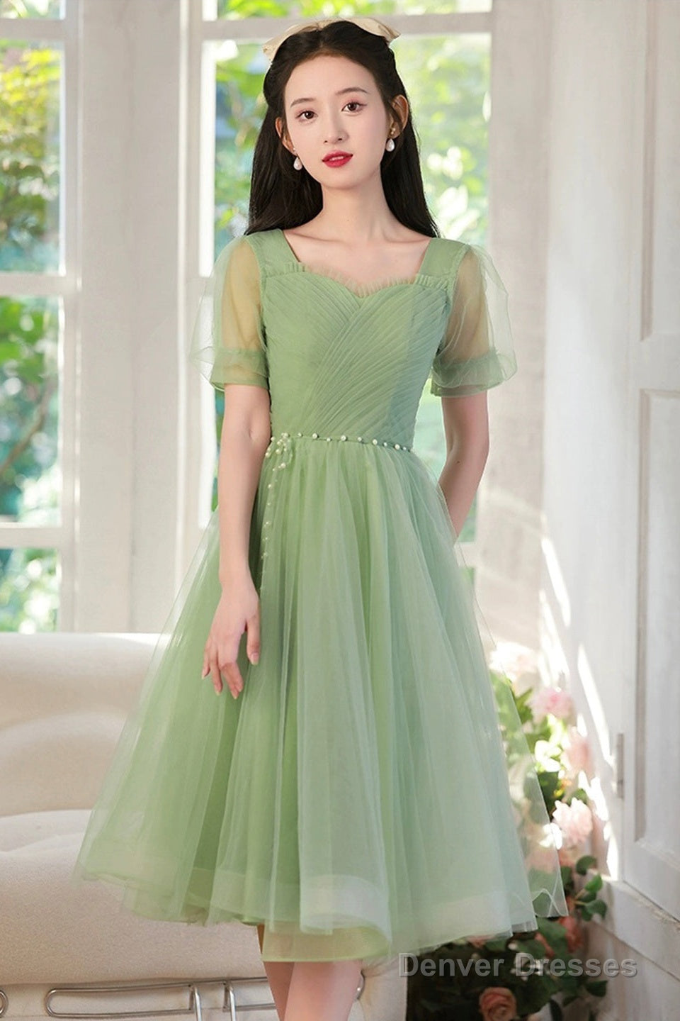 Cute Tulle Short Knee Length Prom Dress, Green A-Line Evening Party Dress
