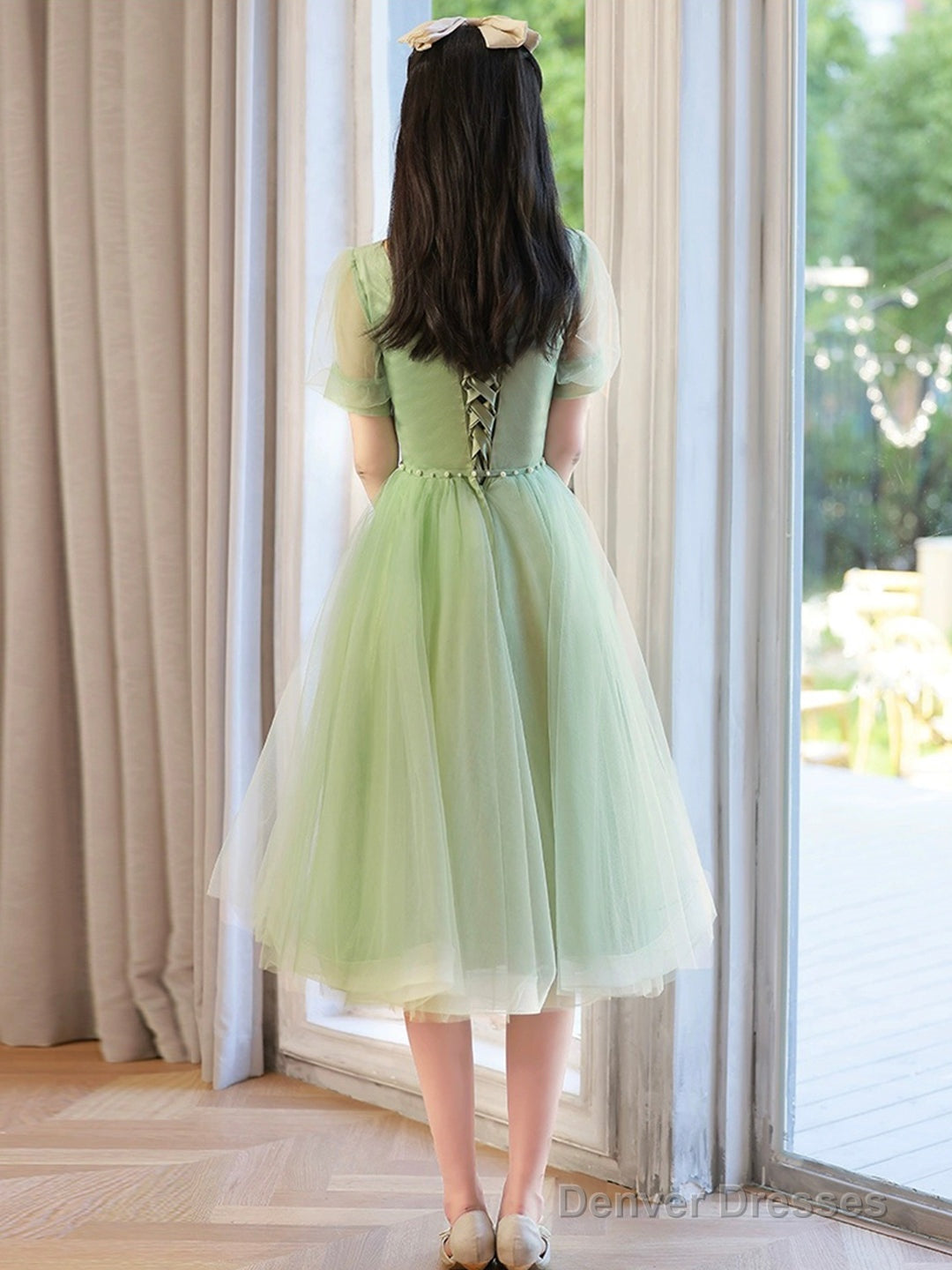 Cute Tulle Short Knee Length Prom Dress, Green A-Line Evening Party Dress