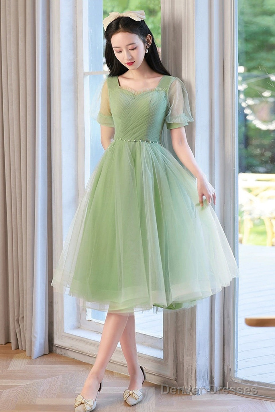 Cute Tulle Short Knee Length Prom Dress, Green A-Line Evening Party Dress