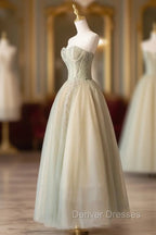 Cute Tulle Tea Length Prom Dress, Green A-Line Strapless Evening Party Dress