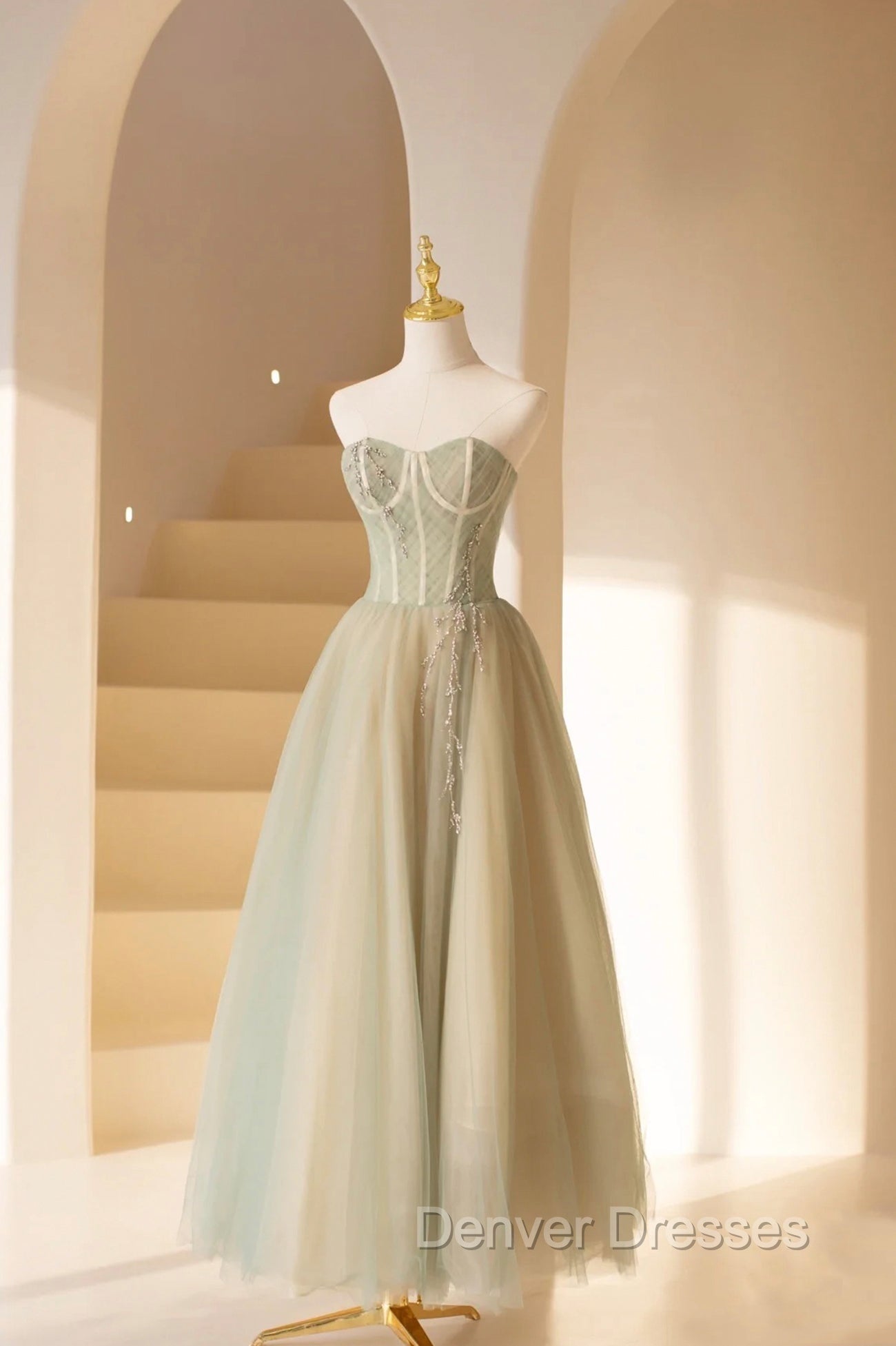 Cute Tulle Tea Length Prom Dress, Green A-Line Strapless Evening Party Dress Main image