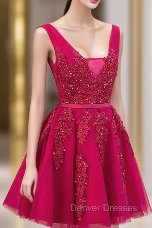 Cute Tulle V-neckline Beaded Short Prom Dress, Homecoming Dress 2026