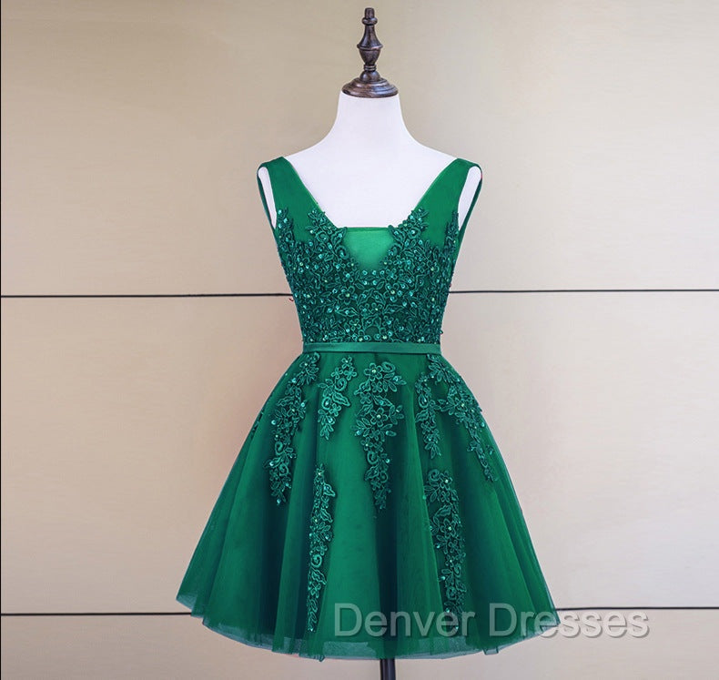 Cute Tulle V-neckline Beaded Short Prom Dress, Homecoming Dress 2026