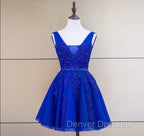 Cute Tulle V-neckline Beaded Short Prom Dress, Homecoming Dress 2026
