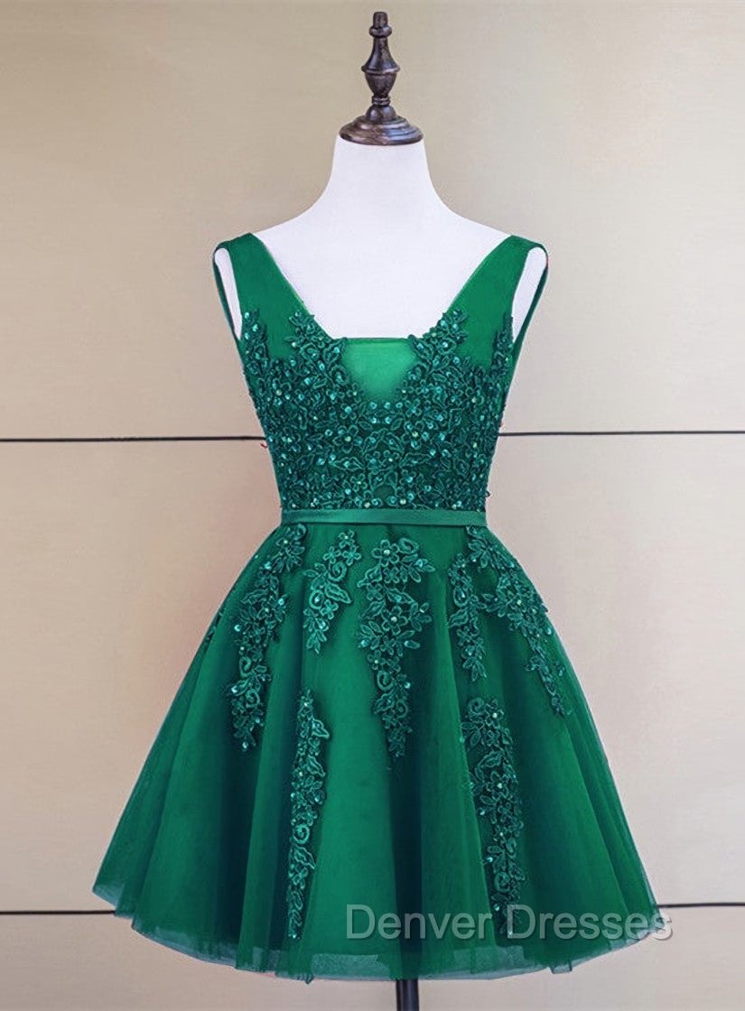 Cute Tulle V-neckline Beaded Short Prom Dress, Homecoming Dress 2026